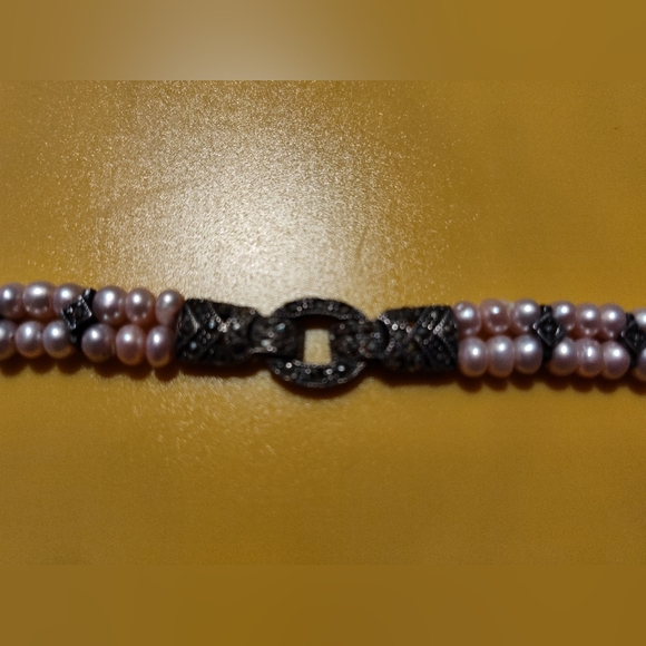 Vintage 925 double stranded pink pearl and marcasite bracelet - Picture 5 of 9